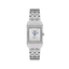 Silver-toned rectangular watch with a link bracelet, crystal-embellished bezel, and a textured dial with Roman numerals.