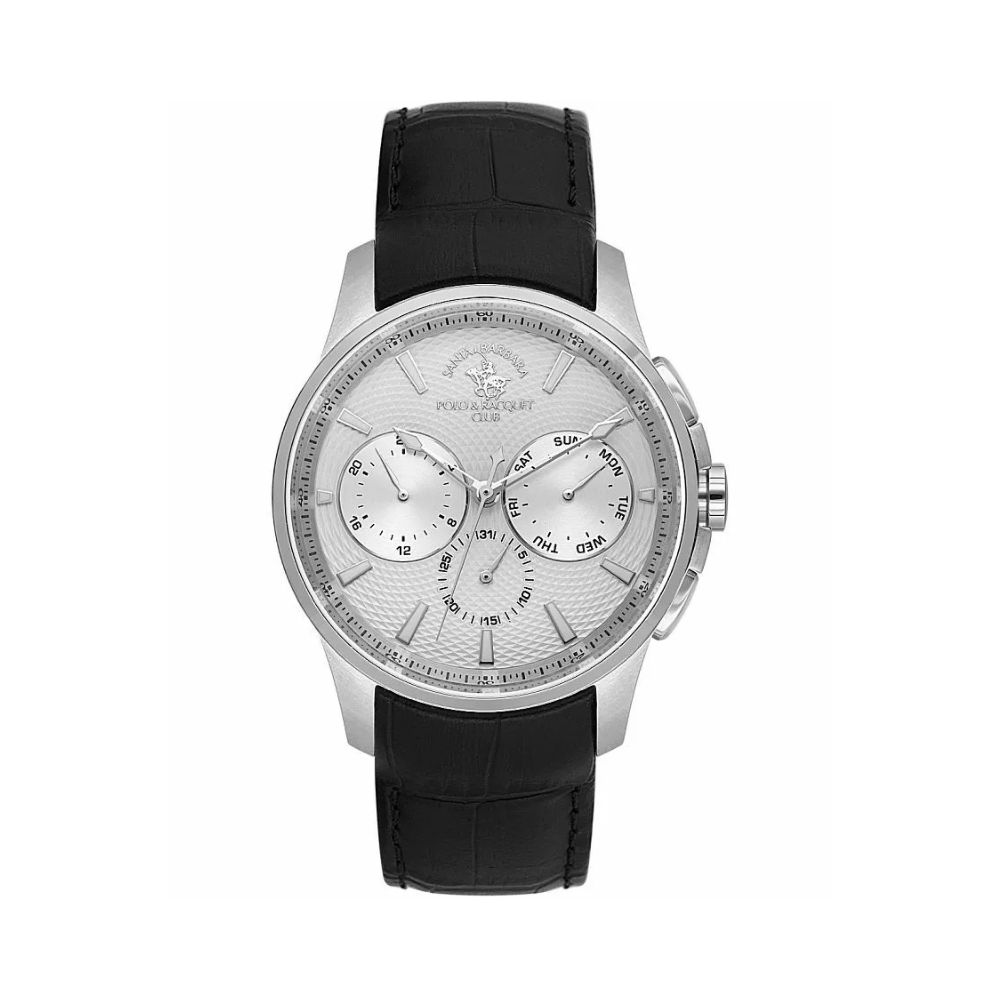 Silver-toned watch with a black crocodile-grain leather strap and a textured white dial featuring multiple sub-dials.