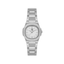 Silver-toned women's watch with a cushion-shaped case, stone-set bezel, and metallic link bracelet
