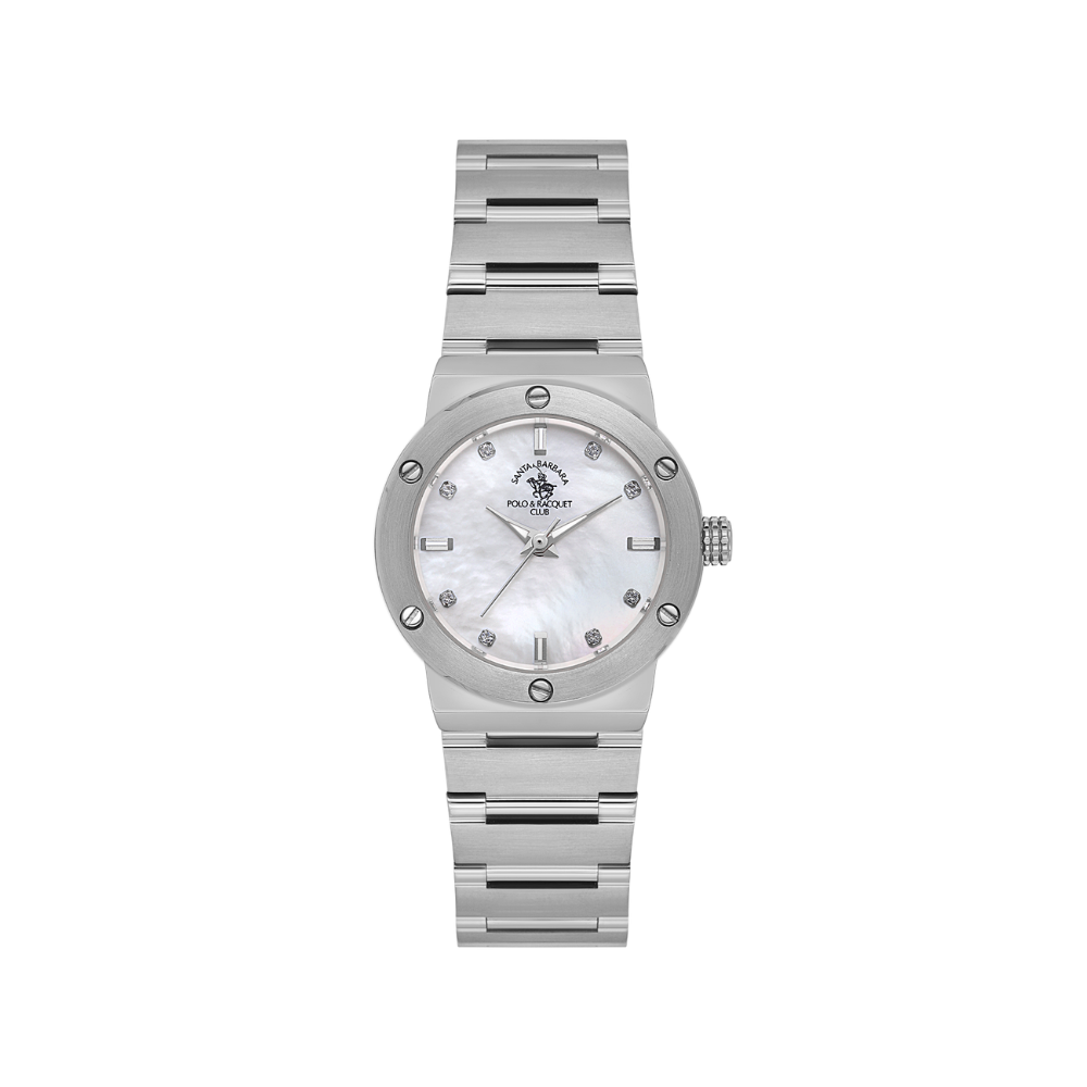 Silver-toned women's watch with a white mother-of-pearl dial, crystal hour markers, and a metal link bracelet.