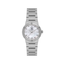Silver-toned women's watch with a white mother-of-pearl dial, crystal hour markers, and a metal link bracelet.