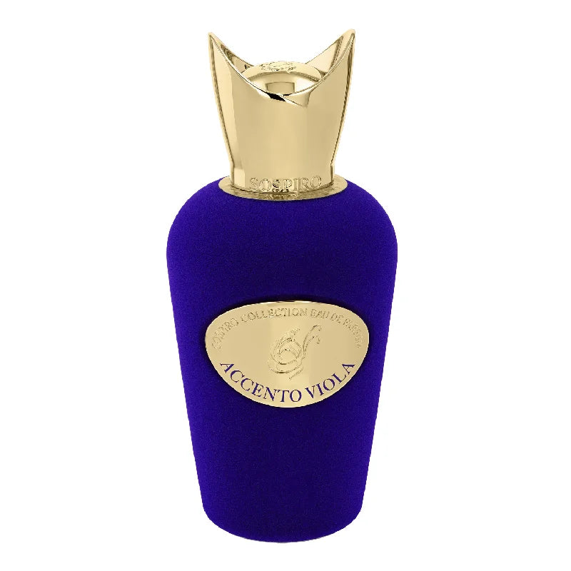 Sospiro Accento Viola Eau de Parfum 100ml in a purple velvet bottle with gold cap and matching presentation box