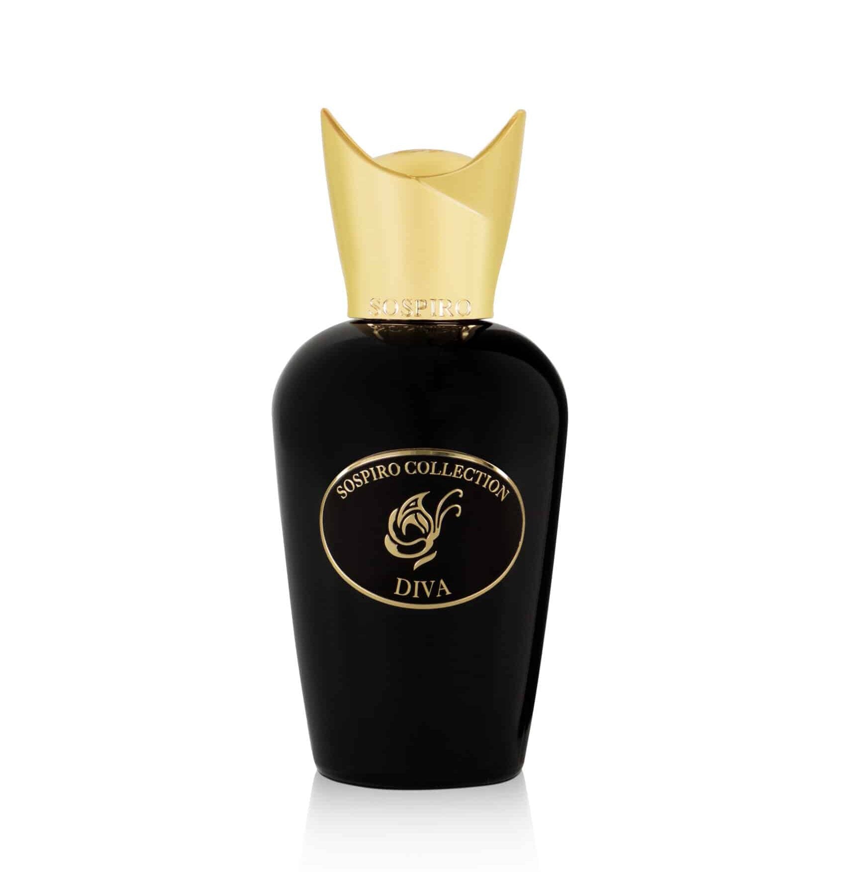 Sospiro Diva Eau de Parfum 75ml in a black bottle with gold cap and matching purple presentation box