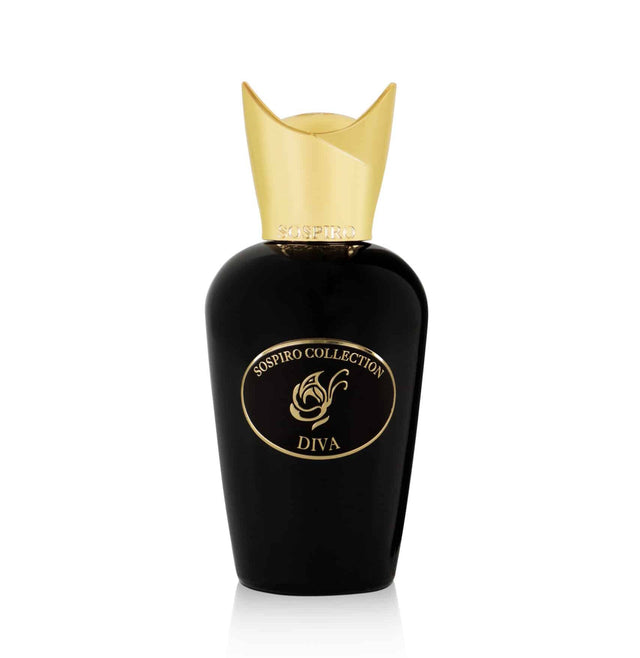 Sospiro Diva Eau de Parfum 75ml in a black bottle with gold cap and matching purple presentation box