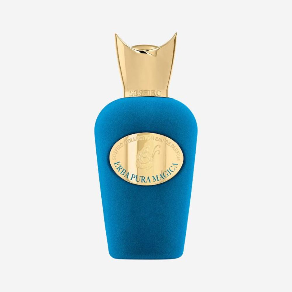 Sospiro Erba Pura Magica Eau de Parfum 100ml in a turquoise velvet bottle with gold cap and matching presentation box Main image