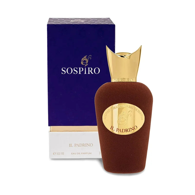 Sospiro Il Padrino Eau de Parfum 100ml brown velvet luxury perfume bottle with gold cap and purple box