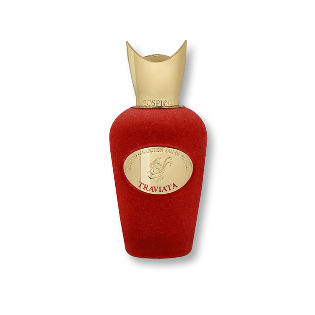 Sospiro Traviata Eau de Parfum 100ml in a red velvet bottle with gold cap and matching presentation box