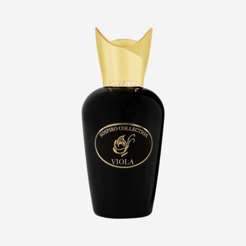 Sospiro Viola Eau de Parfum 75ml in a black bottle with gold cap and matching purple presentation box