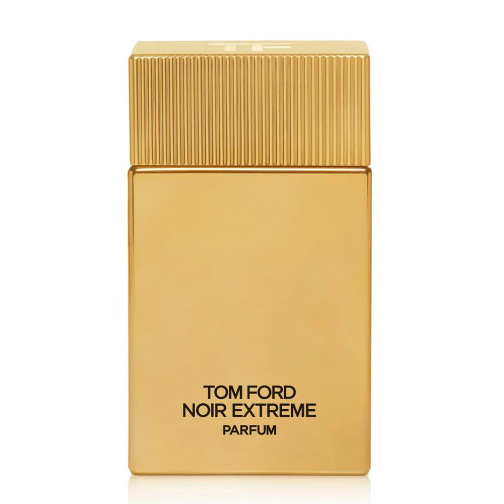 Gold-toned rectangular Tom Ford Noir Extreme Parfum bottle with a ribbed cap and black text.