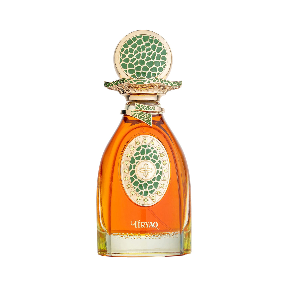 Amber liquid perfume in a tapered clear glass bottle with gold-toned accents and green patterned inlays on the front and stop