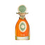 Amber liquid perfume in a tapered clear glass bottle with gold-toned accents and green patterned inlays on the front and stop