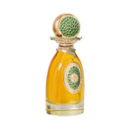 Clear glass bottle with amber perfume. Gold-toned cap and neck have green mosaic. Front features a gold-toned oval with green