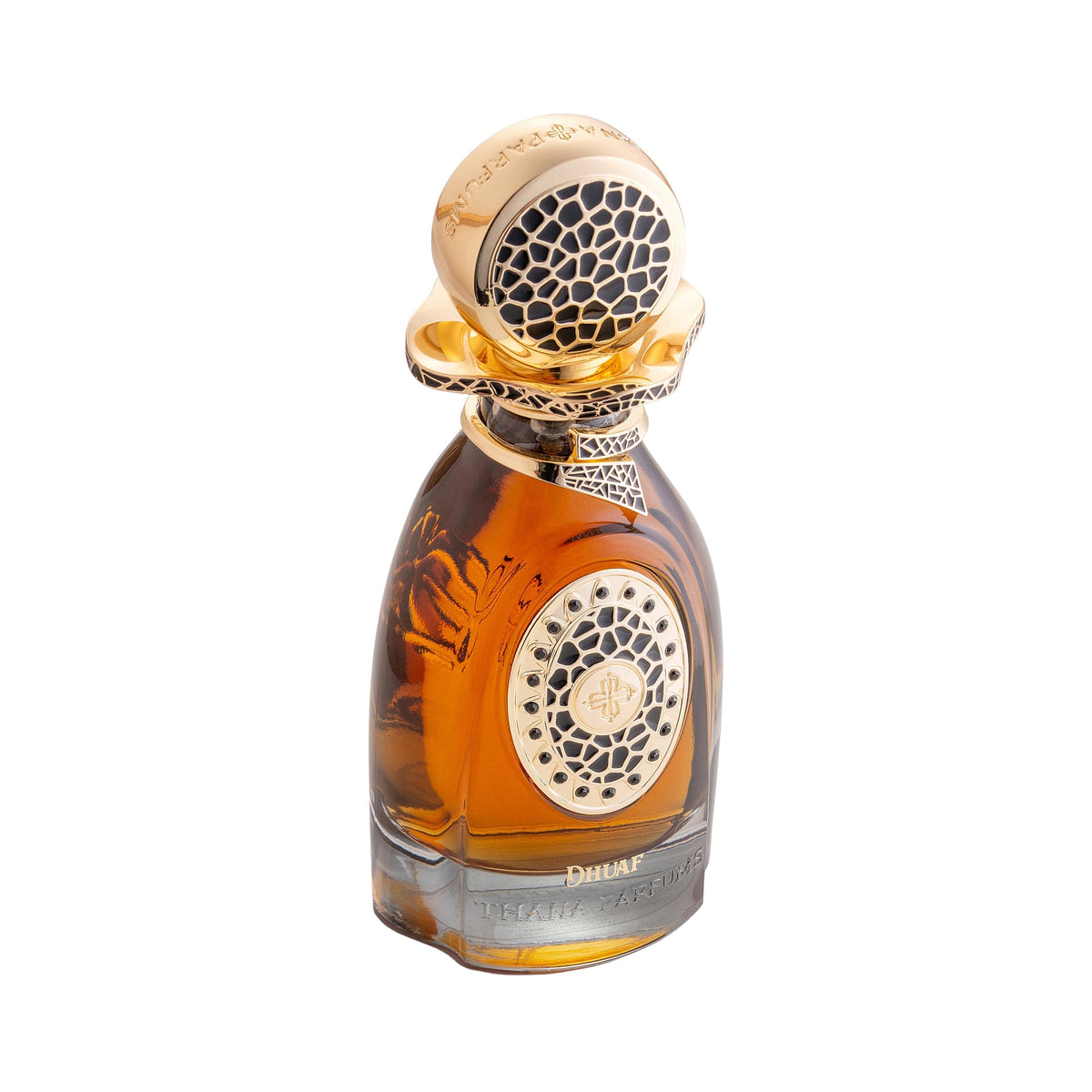 Amber glass perfume bottle with gold-toned cap and front emblem, both with black honeycomb patterns. Black and gold neck.