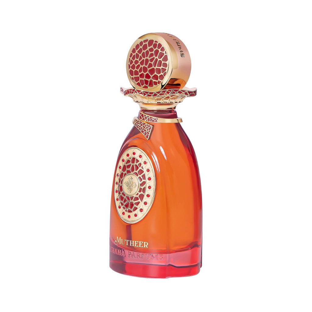 Reddish-orange perfume bottle with a gold-toned cap featuring a red honeycomb pattern. Gold-toned neck and front emblem with