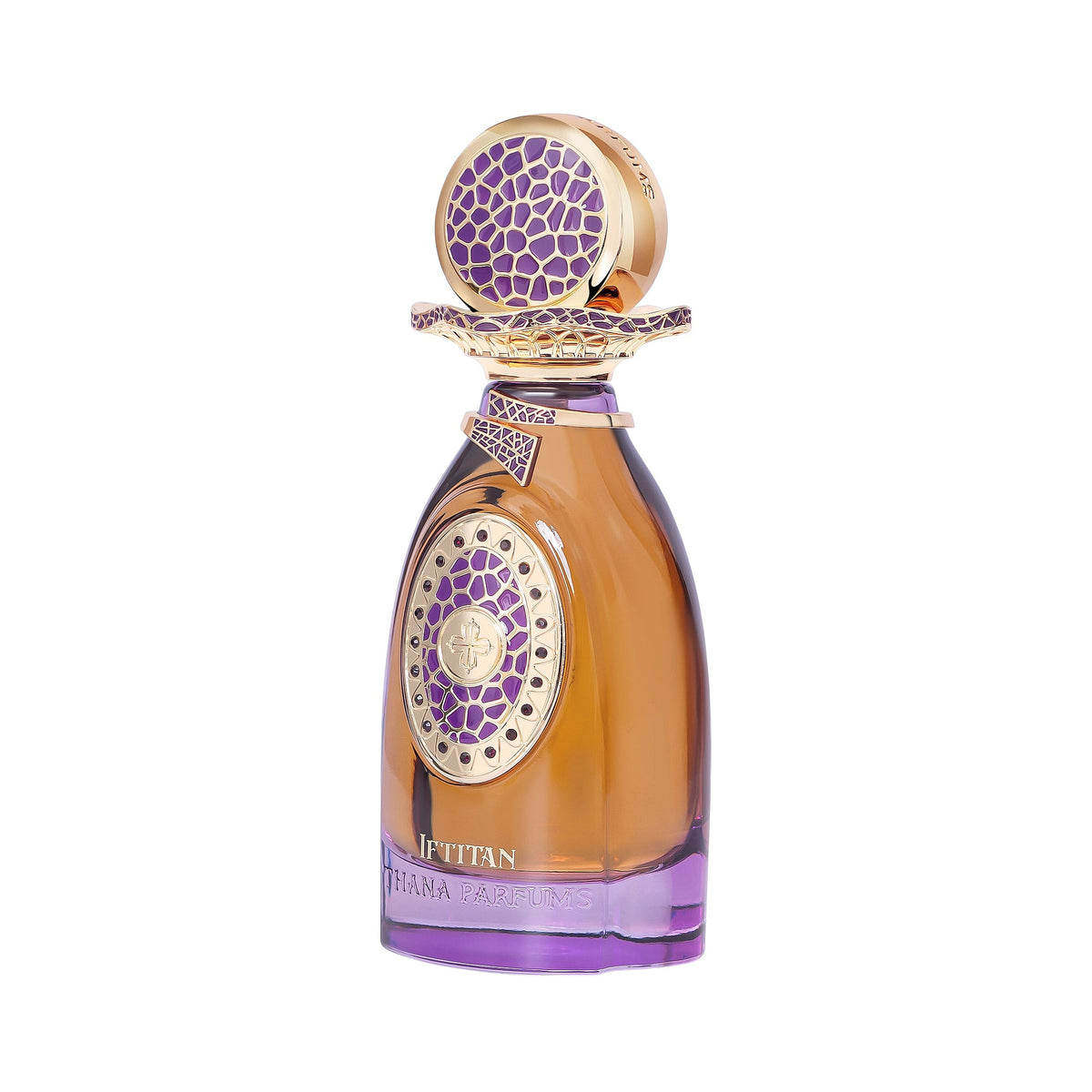 Amber perfume bottle with a purple base, a gold-toned cap with a purple mosaic pattern, and a gold-toned oval emblem with pur