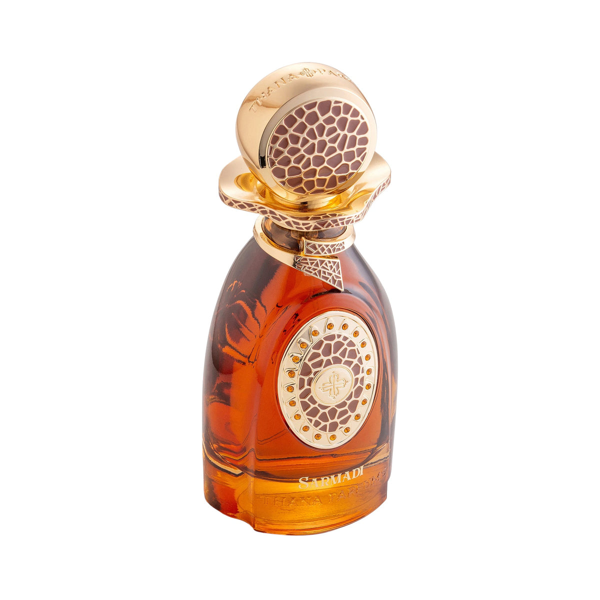 Amber glass perfume bottle with a gold-toned spherical cap and ornate collar, both featuring textured brown patterns. Gold-to