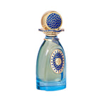 Light blue perfume bottle with dark blue base. Gold-toned cap and front medallion feature blue mosaic and studs.
