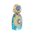 Glass perfume bottle with green-to-blue gradient. Gold-toned cap with blue mosaic pattern. Gold-toned collar and circular fro