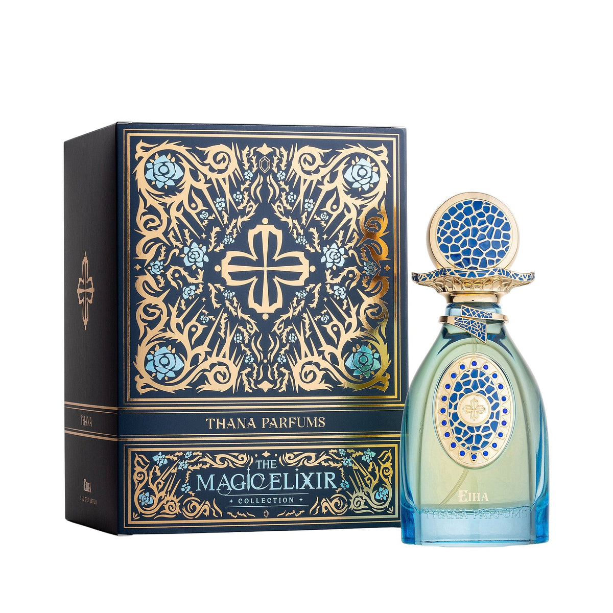 Blue liquid perfume bottle with gold-toned and blue mosaic label and cap. Dark blue box with gold-toned and light blue floral