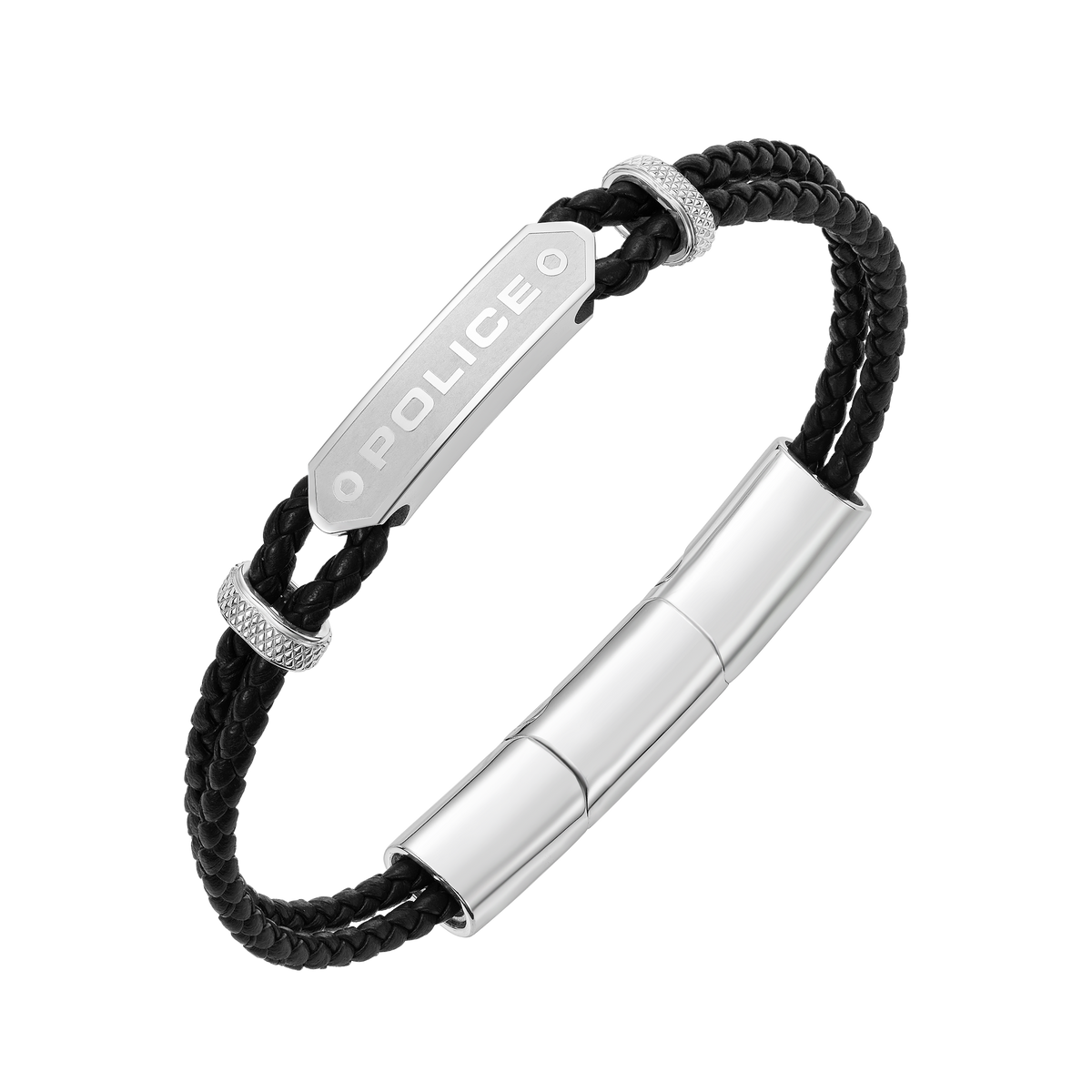 Police Twincord Black Leather Duo-Row Bracelet with Stainless Steel Police Logo Plaque Police Twincord Black Leather Duo-Row Bracelet with Stainless Steel Police Logo Plaque