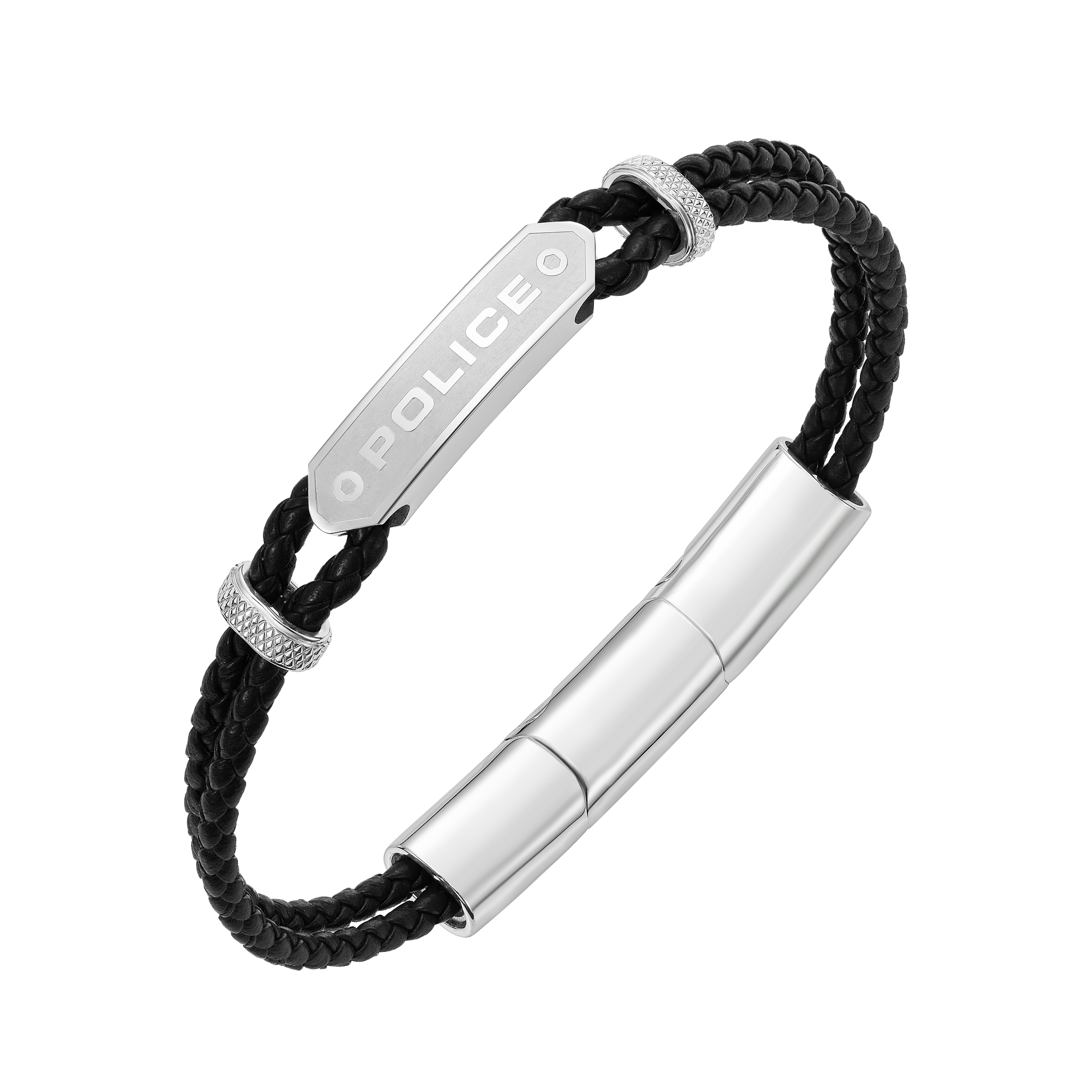 Police Twincord Black Leather Duo-Row Bracelet with Stainless Steel Police Logo Plaque