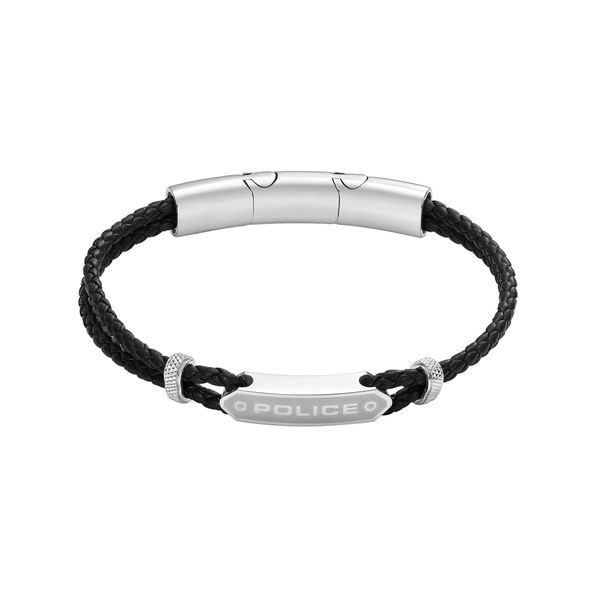 Police Twincord Black Leather Duo-Row Bracelet with Stainless Steel Police Logo Plaque Police Twincord Black Leather Duo-Row Bracelet with Stainless Steel Police Logo Plaque