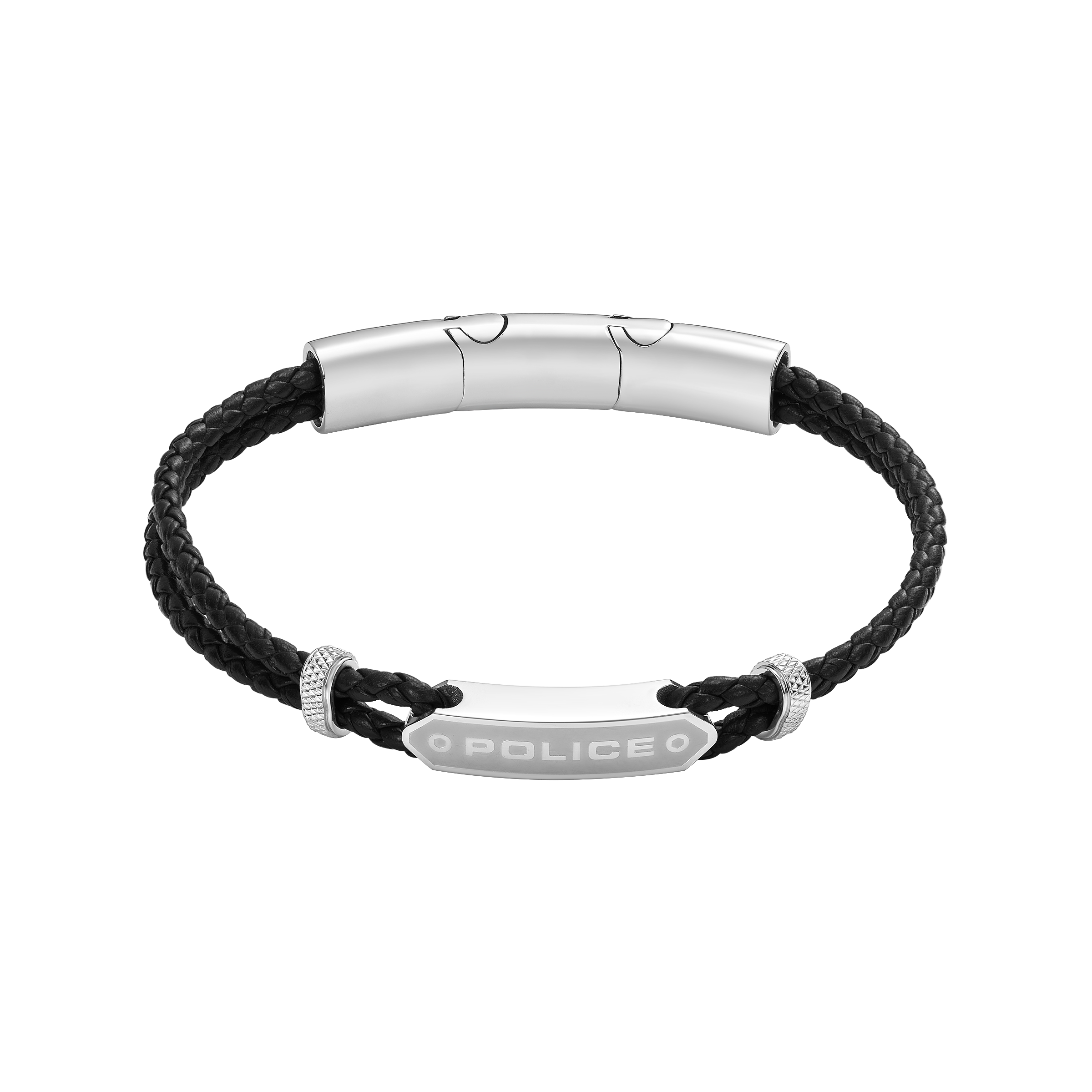 Police Twincord Black Leather Duo-Row Bracelet with Stainless Steel Police Logo Plaque