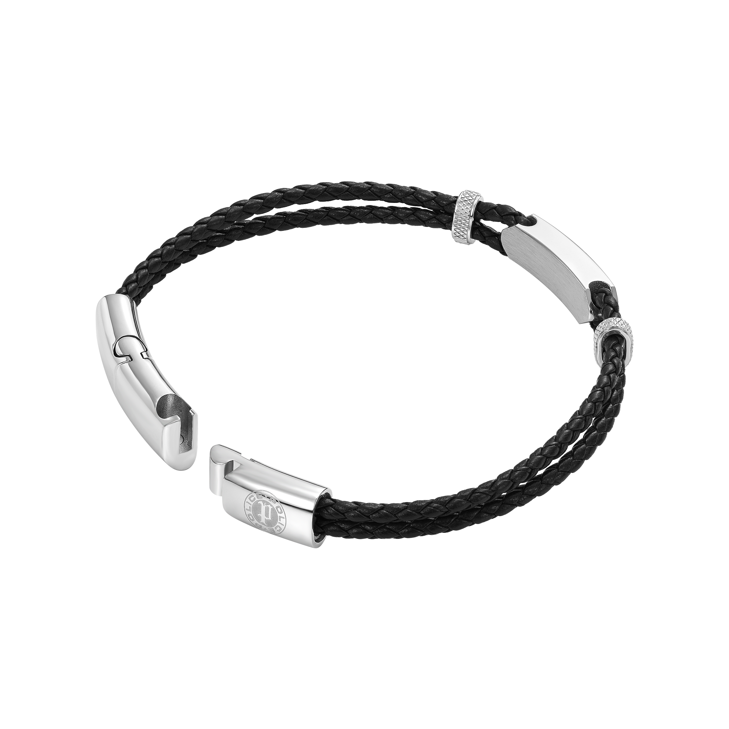Police Twincord Black Leather Duo-Row Bracelet with Stainless Steel Police Logo Plaque