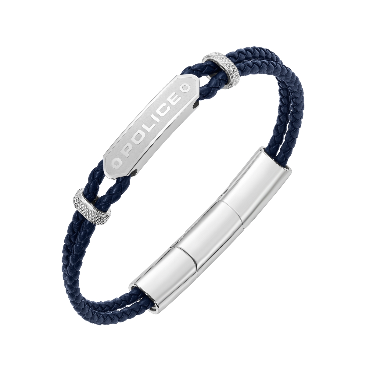 Police Twincord Navy Blue Leather Duo-Row Bracelet with Stainless Steel Police Logo Plaque Police Twincord Navy Blue Leather Duo-Row Bracelet with Stainless Steel Police Logo Plaque