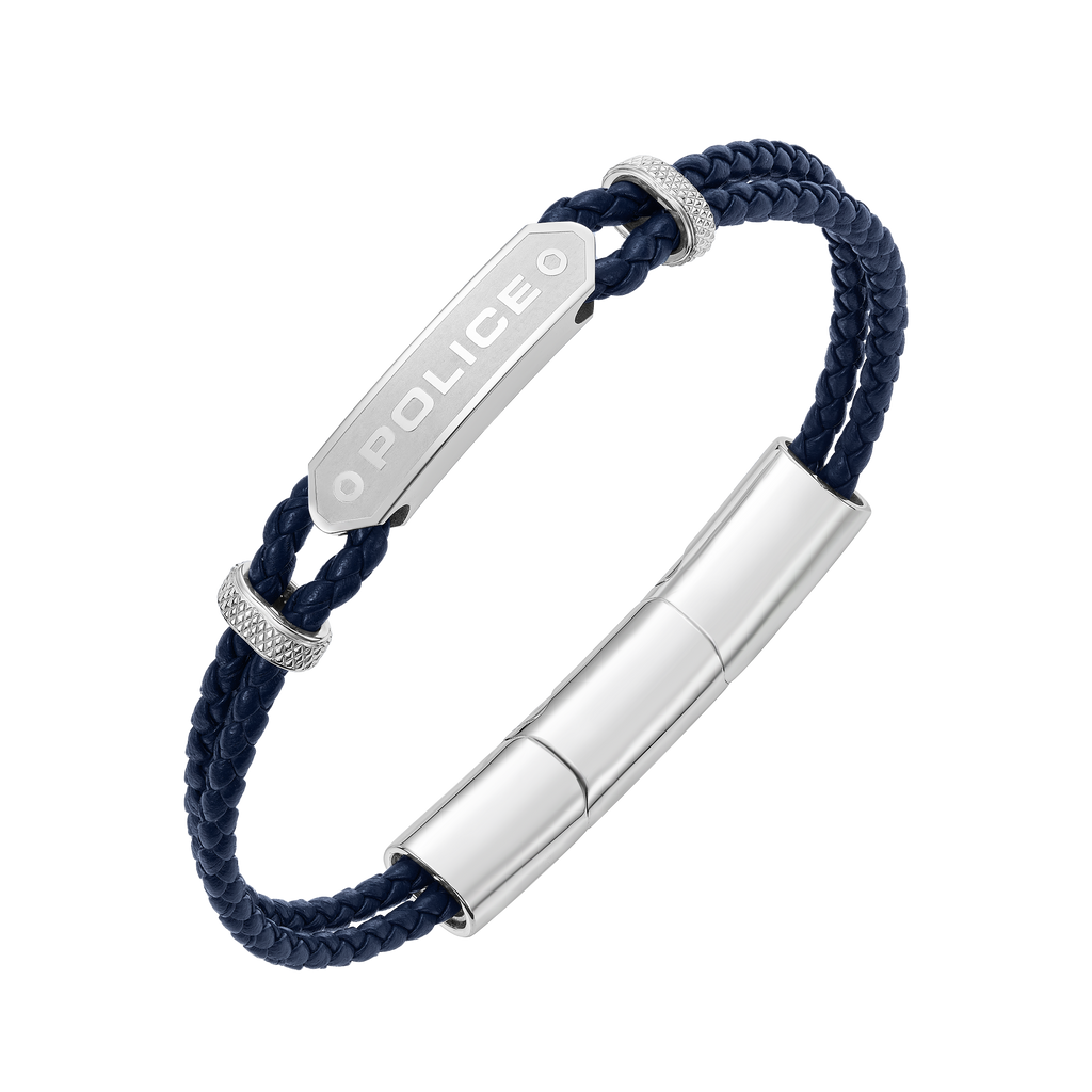 Police Twincord Navy Blue Leather Duo-Row Bracelet with Stainless Steel Police Logo Plaque