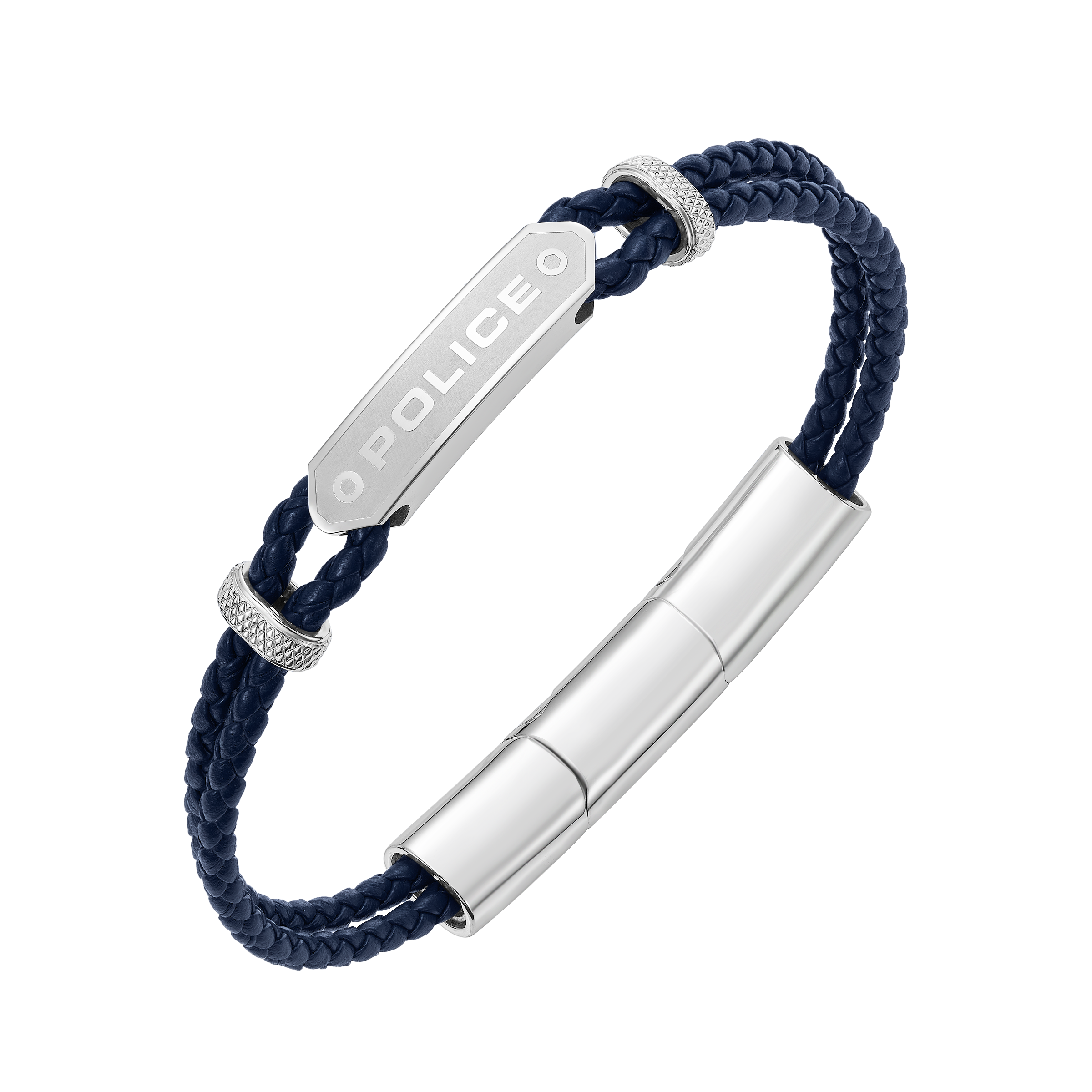 Police Twincord Navy Blue Leather Duo-Row Bracelet with Stainless Steel Police Logo Plaque