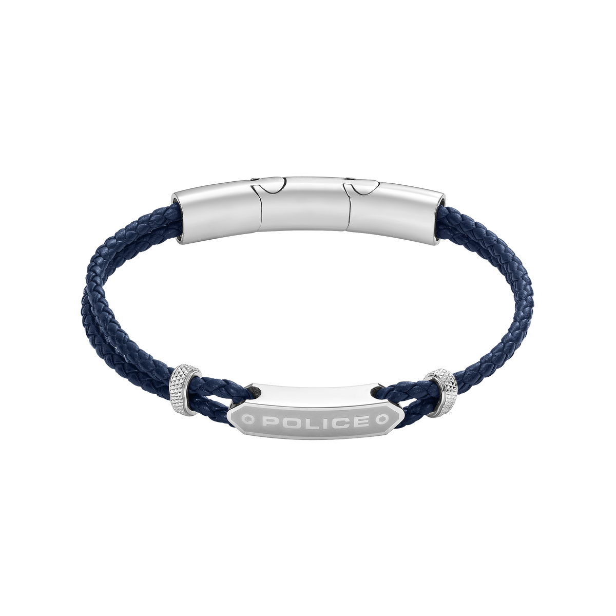 Police Twincord Navy Blue Leather Duo-Row Bracelet with Stainless Steel Police Logo Plaque Police Twincord Navy Blue Leather Duo-Row Bracelet with Stainless Steel Police Logo Plaque