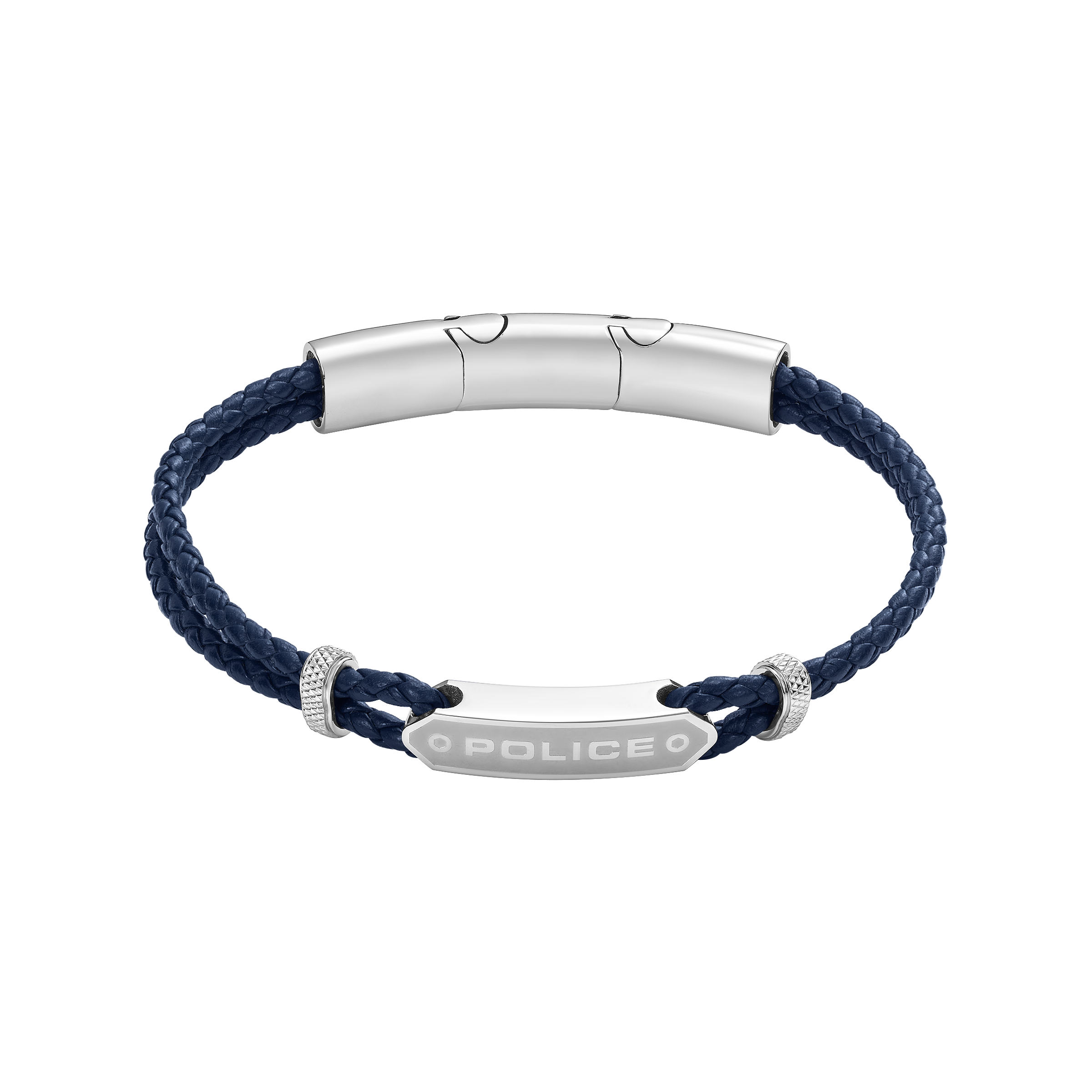 Police Twincord Navy Blue Leather Duo-Row Bracelet with Stainless Steel Police Logo Plaque