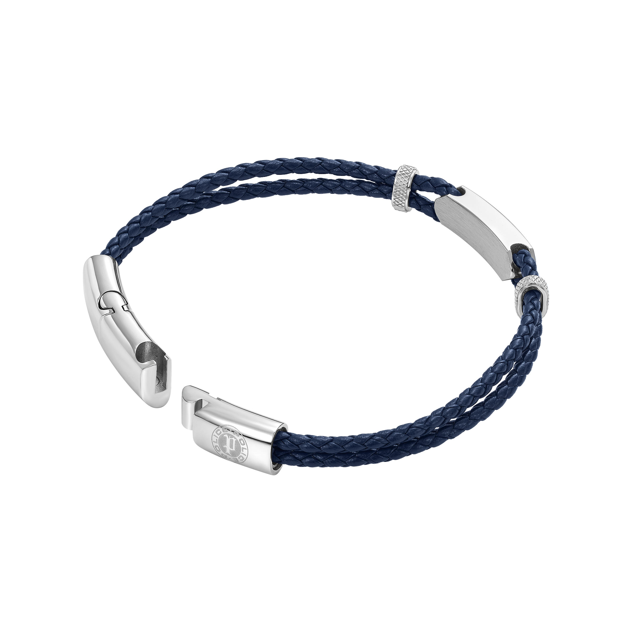 Police Twincord Navy Blue Leather Duo-Row Bracelet with Stainless Steel Police Logo Plaque