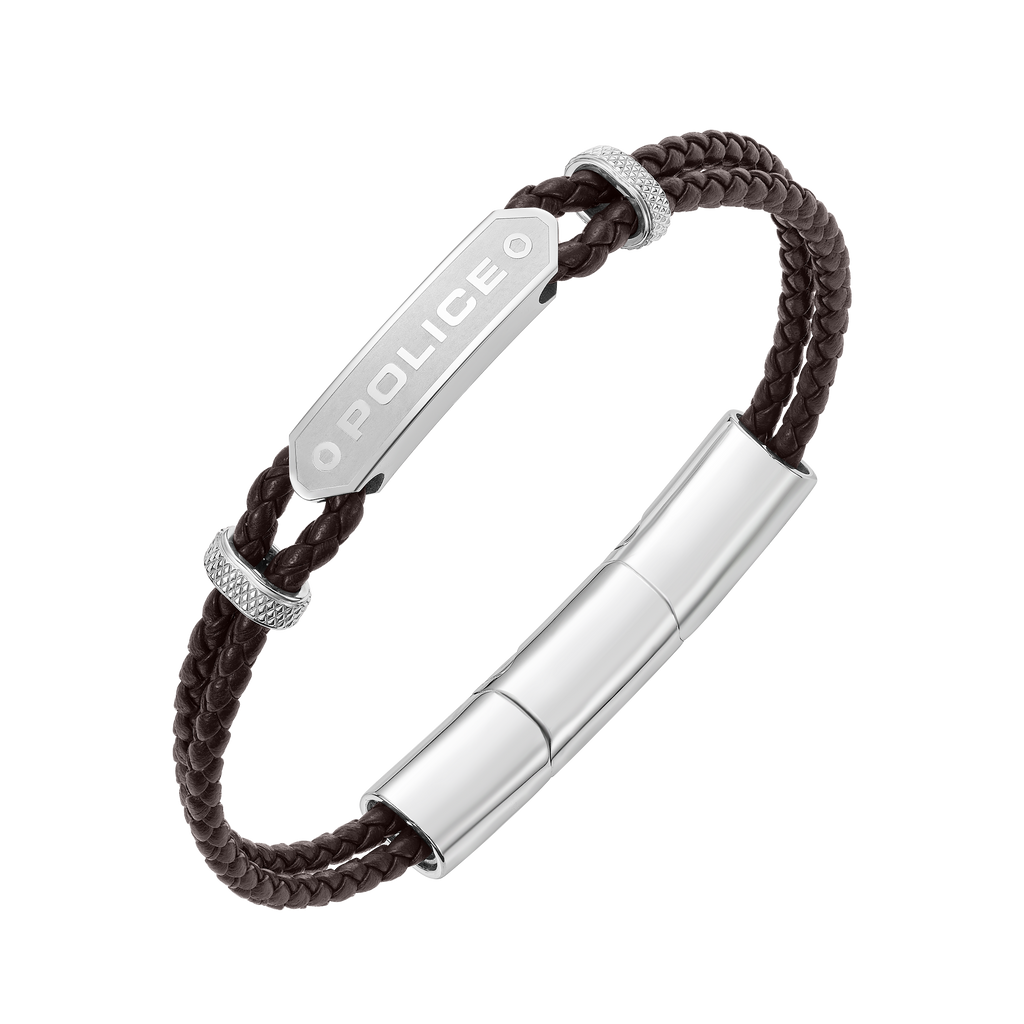 Police Twincord Brown Leather Bracelet with Stainless Steel Police Logo Plaque