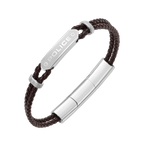 Police Twincord Brown Leather Bracelet with Stainless Steel Police Logo Plaque