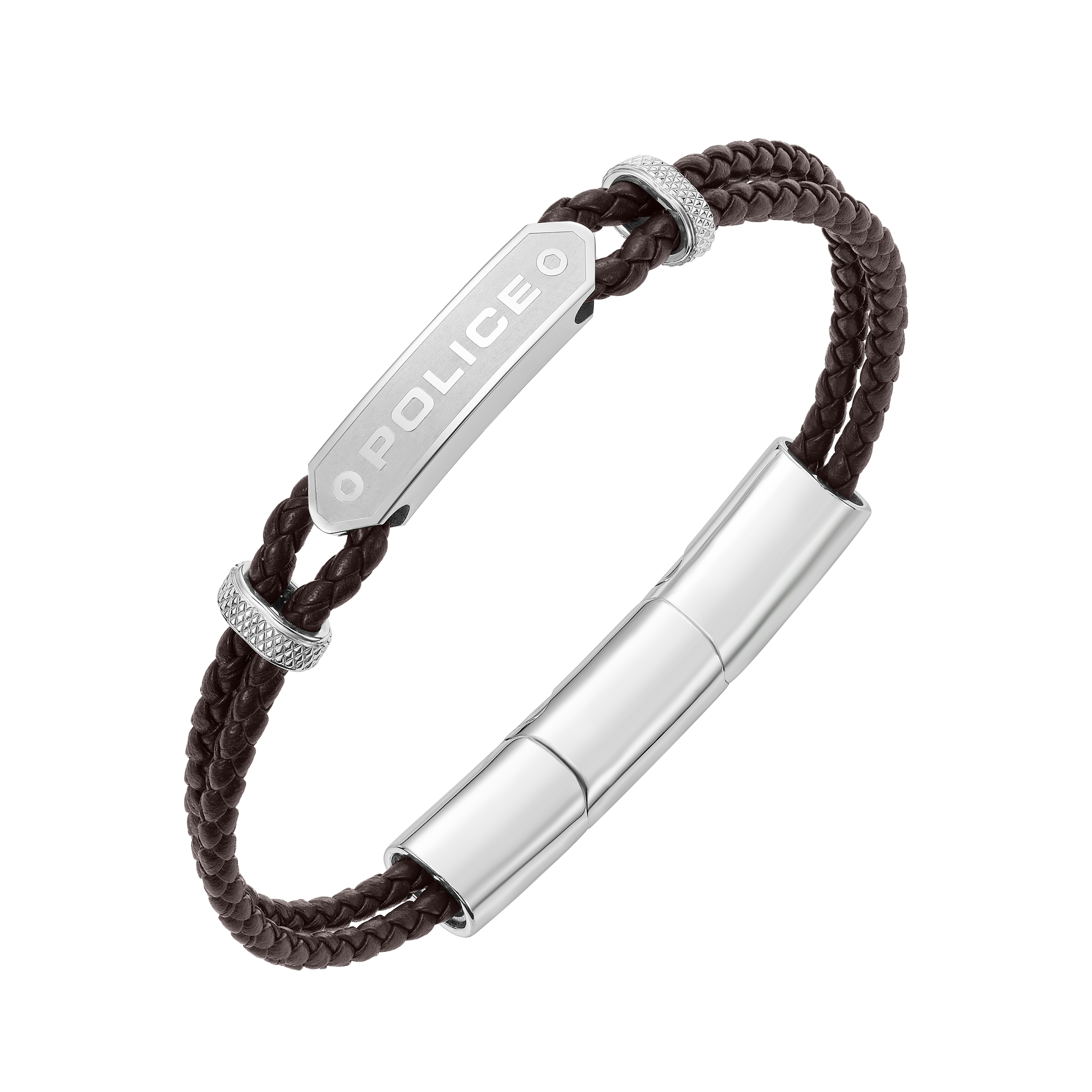 Police Twincord Brown Leather Bracelet with Stainless Steel Police Logo Plaque