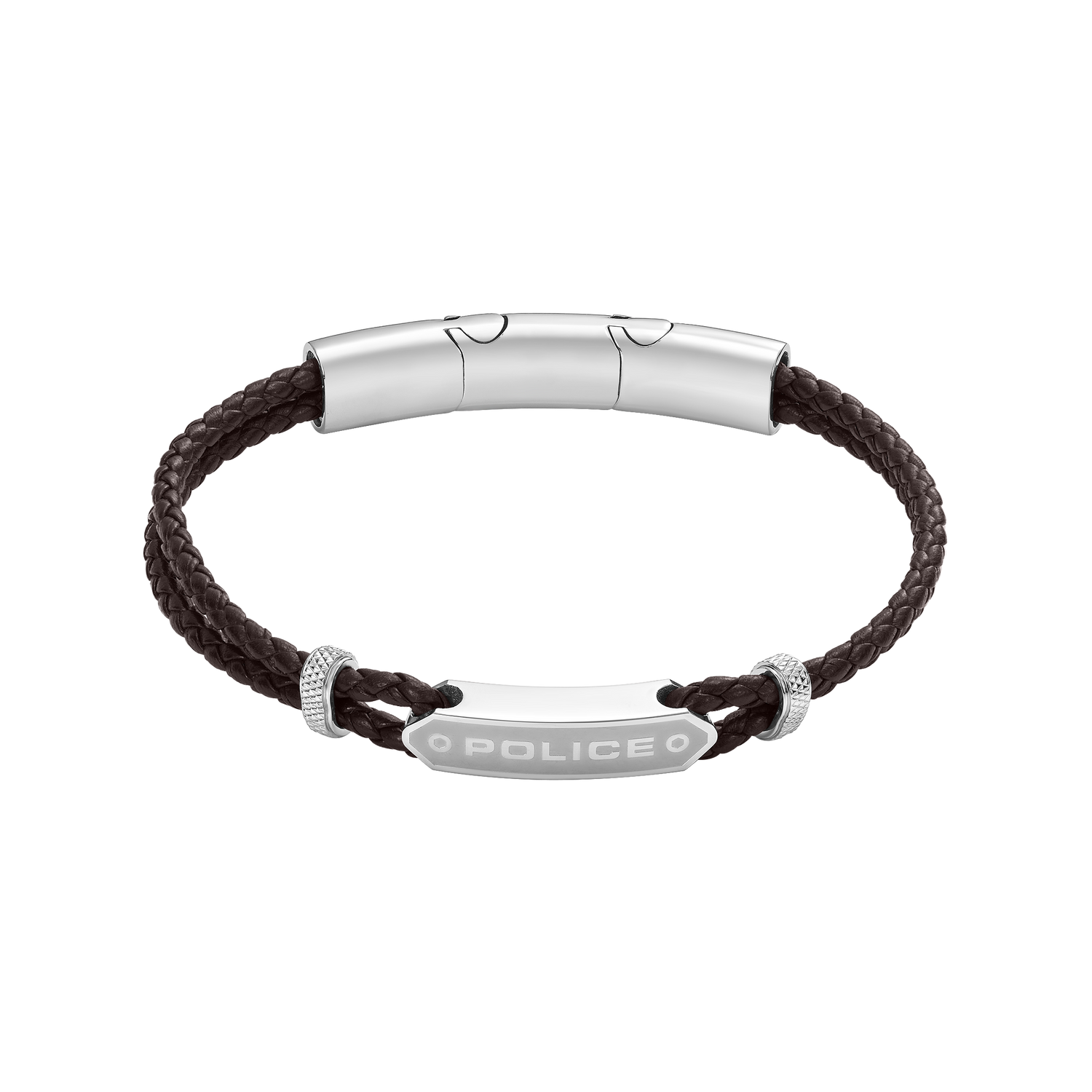 Police Twincord Brown Leather Bracelet with Stainless Steel Police Logo Plaque
