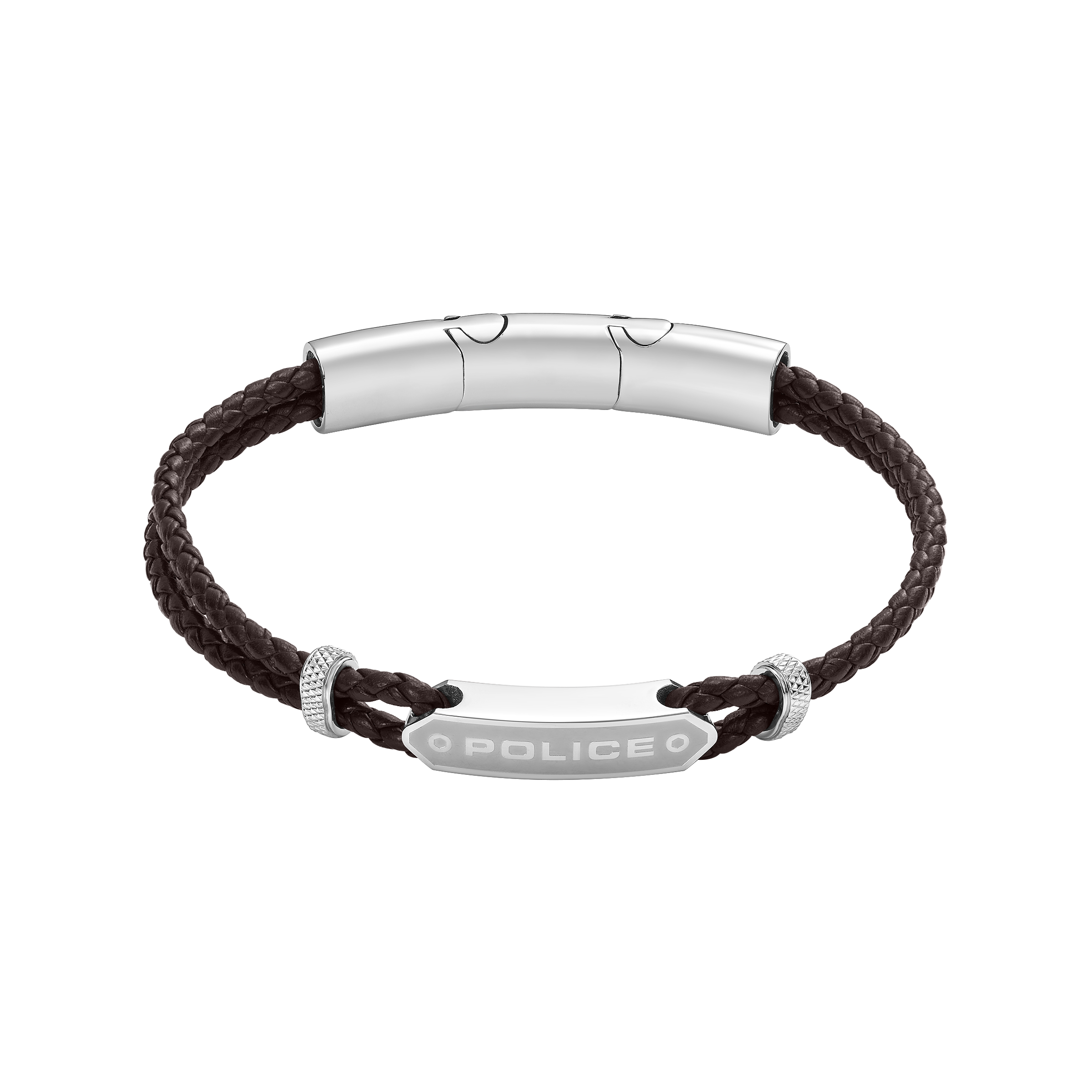 Police Twincord Brown Leather Bracelet with Stainless Steel Police Logo Plaque
