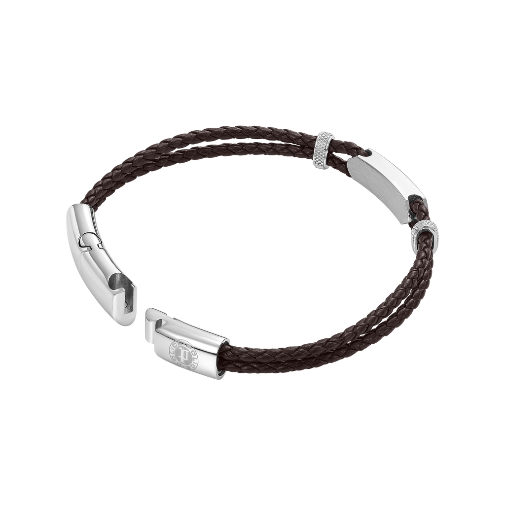 Police Twincord Brown Leather Bracelet with Stainless Steel Police Logo Plaque