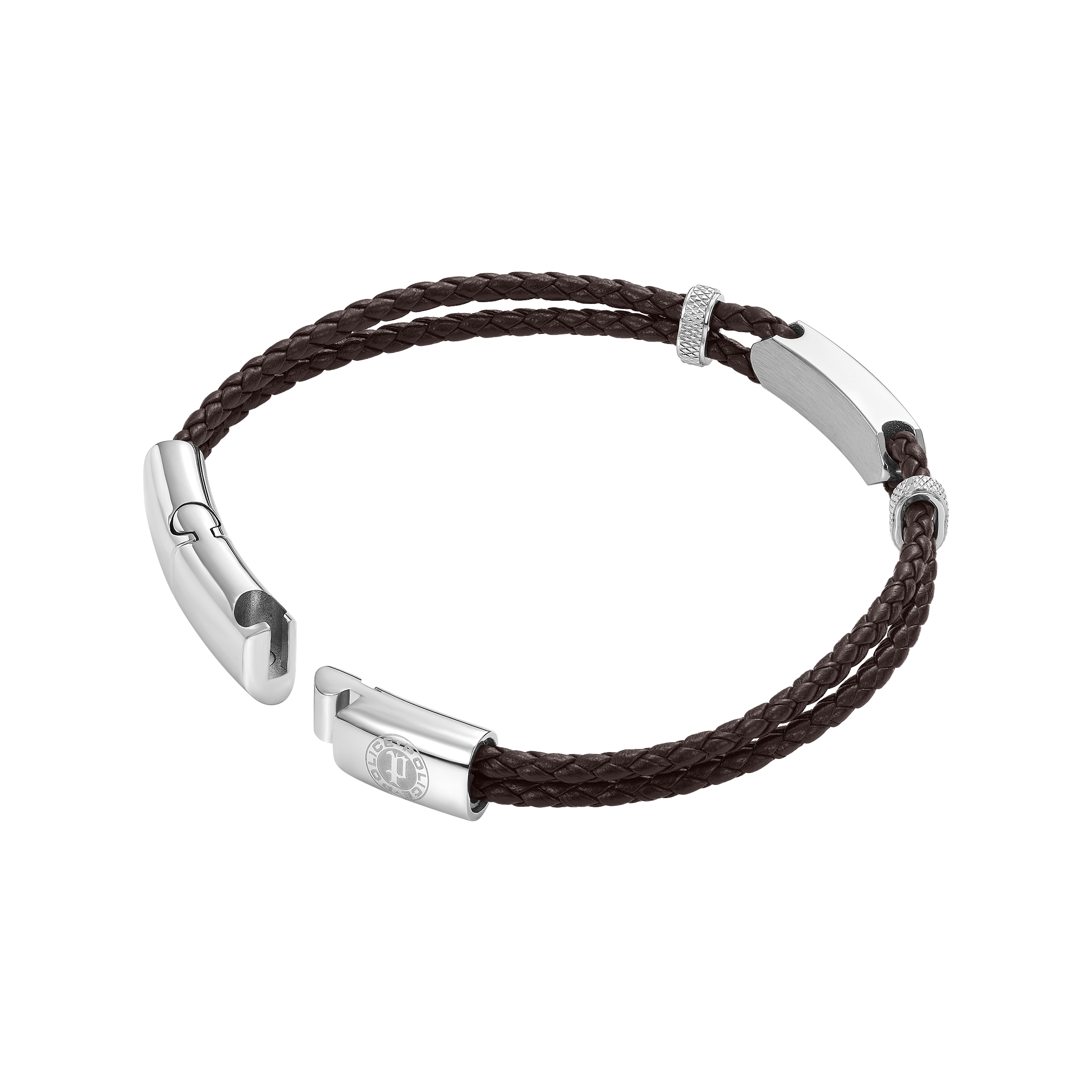 Police Twincord Brown Leather Bracelet with Stainless Steel Police Logo Plaque