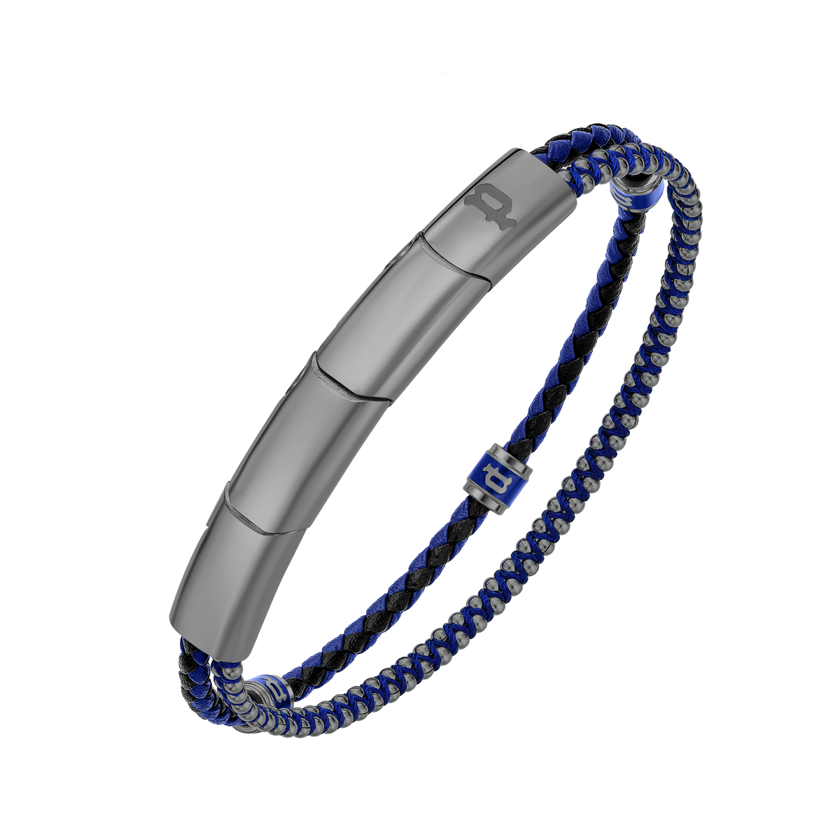 Police Twinrow Gunmetal IP Bracelet with Blue Leather & Cord and Police Cube Detail Police Twinrow Gunmetal IP Bracelet with Blue Leather & Cord and Police Cube Detail