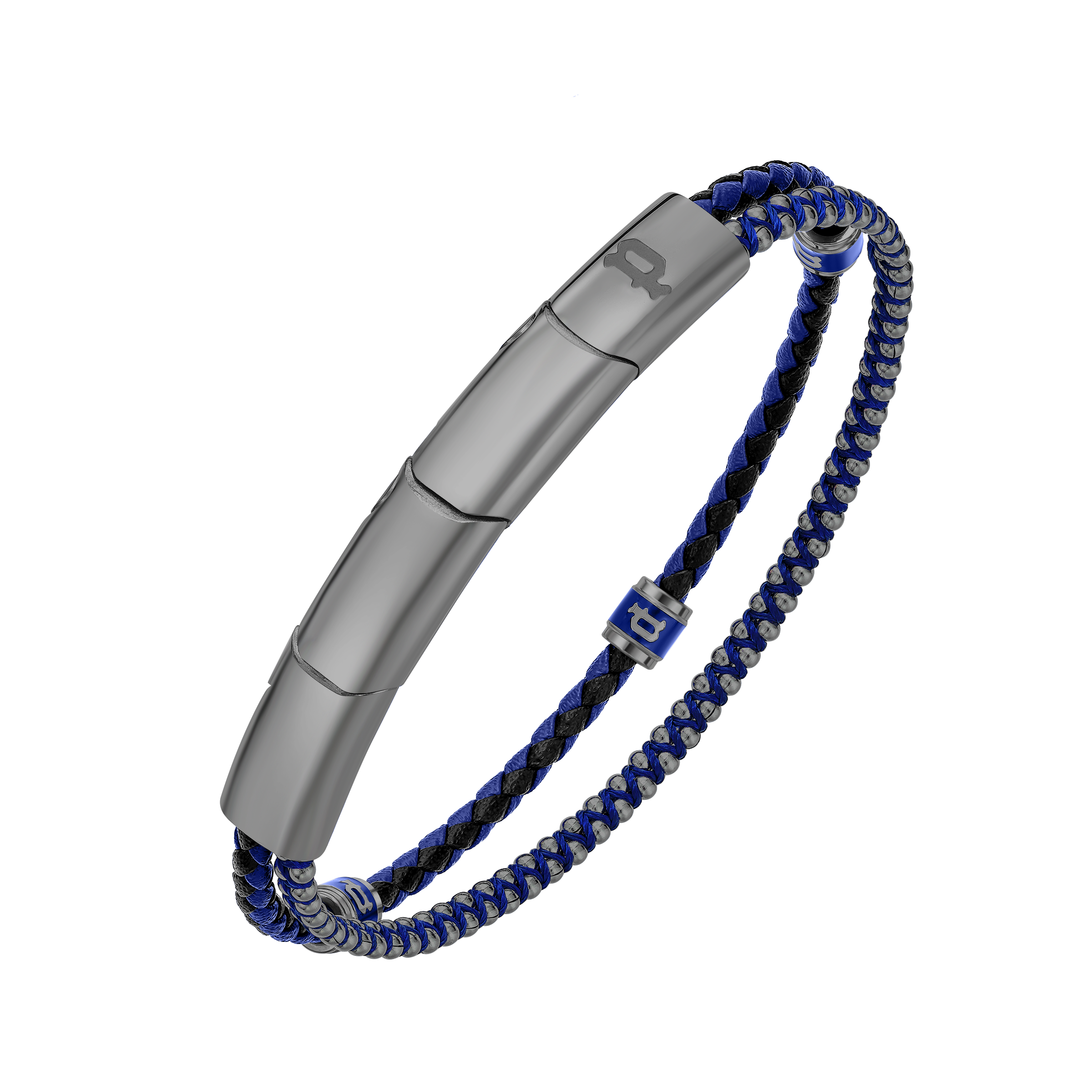 Police Twinrow Gunmetal IP Bracelet with Blue Leather & Cord and Police Cube Detail