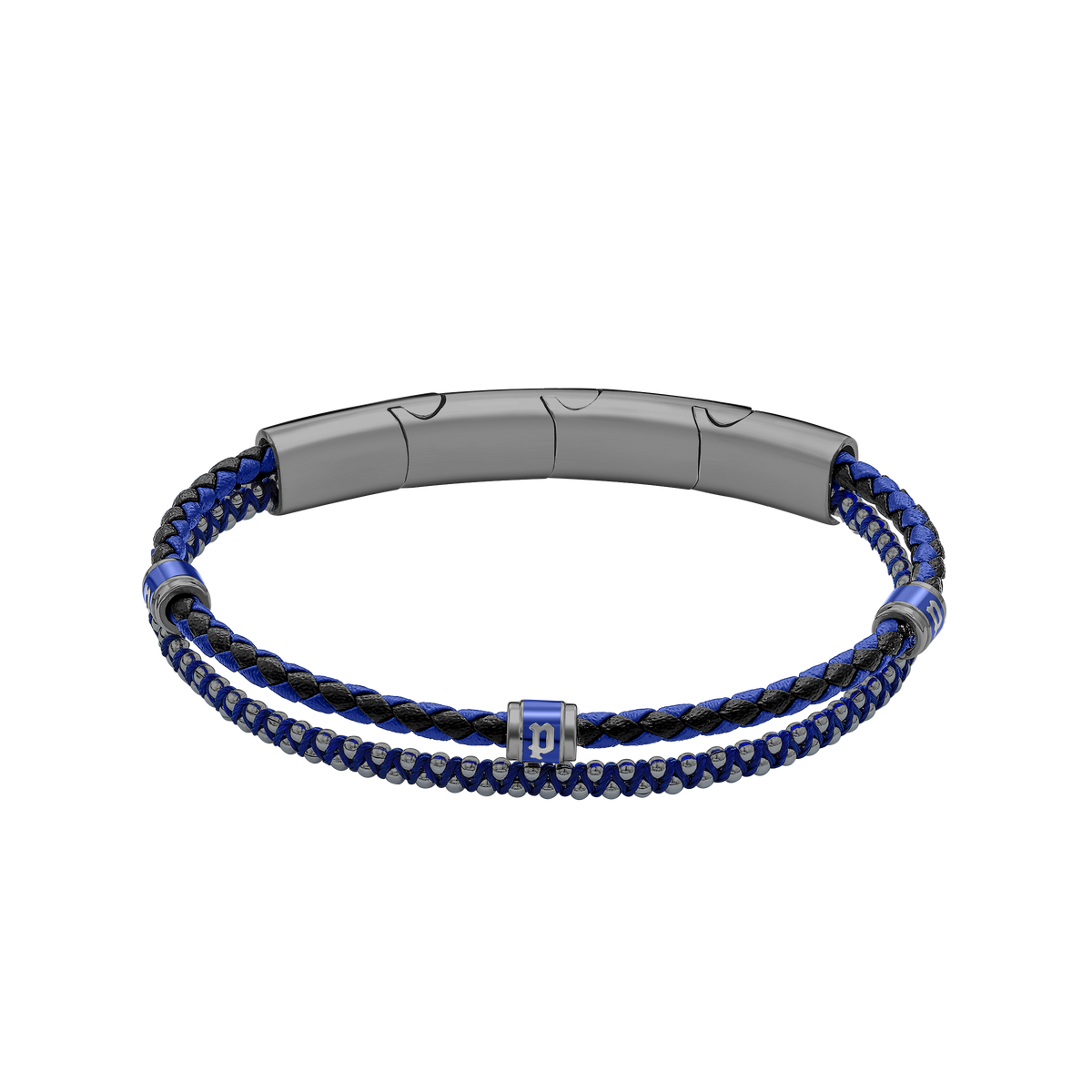 Police Twinrow Gunmetal IP Bracelet with Blue Leather & Cord and Police Cube Detail Police Twinrow Gunmetal IP Bracelet with Blue Leather & Cord and Police Cube Detail