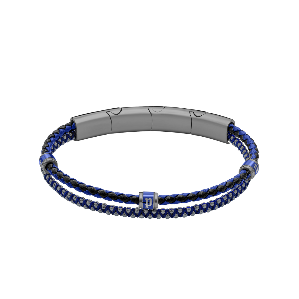 Police Twinrow Gunmetal IP Bracelet with Blue Leather & Cord and Police Cube Detail