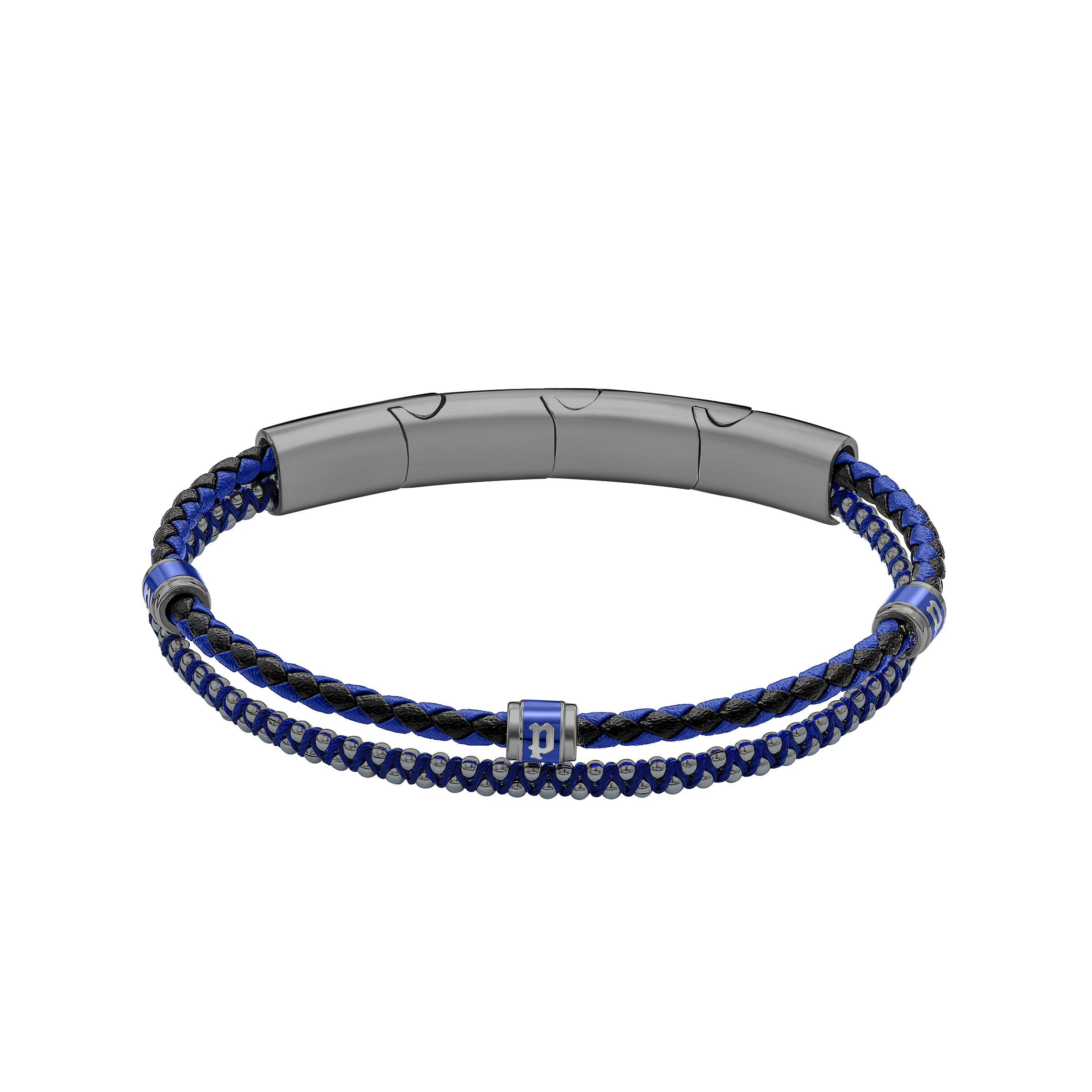 Police Twinrow Gunmetal IP Bracelet with Blue Leather & Cord and Police Cube Detail