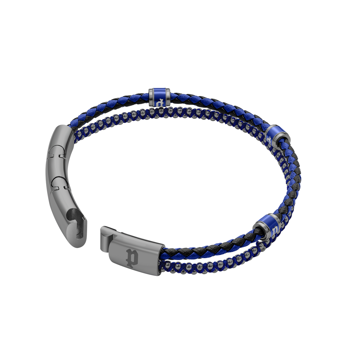 Police Twinrow Gunmetal IP Bracelet with Blue Leather & Cord and Police Cube Detail Police Twinrow Gunmetal IP Bracelet with Blue Leather & Cord and Police Cube Detail