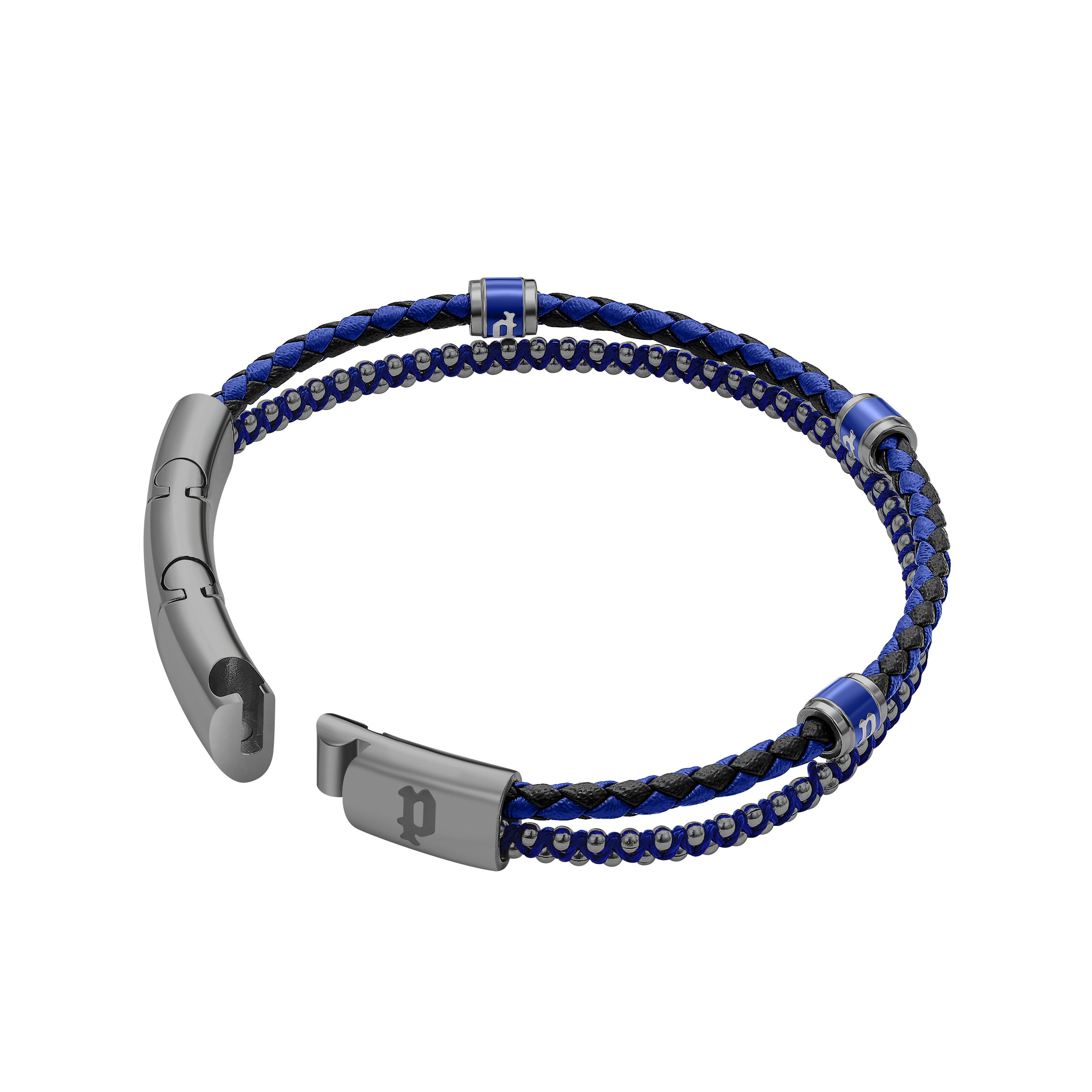 Police Twinrow Gunmetal IP Bracelet with Blue Leather & Cord and Police Cube Detail