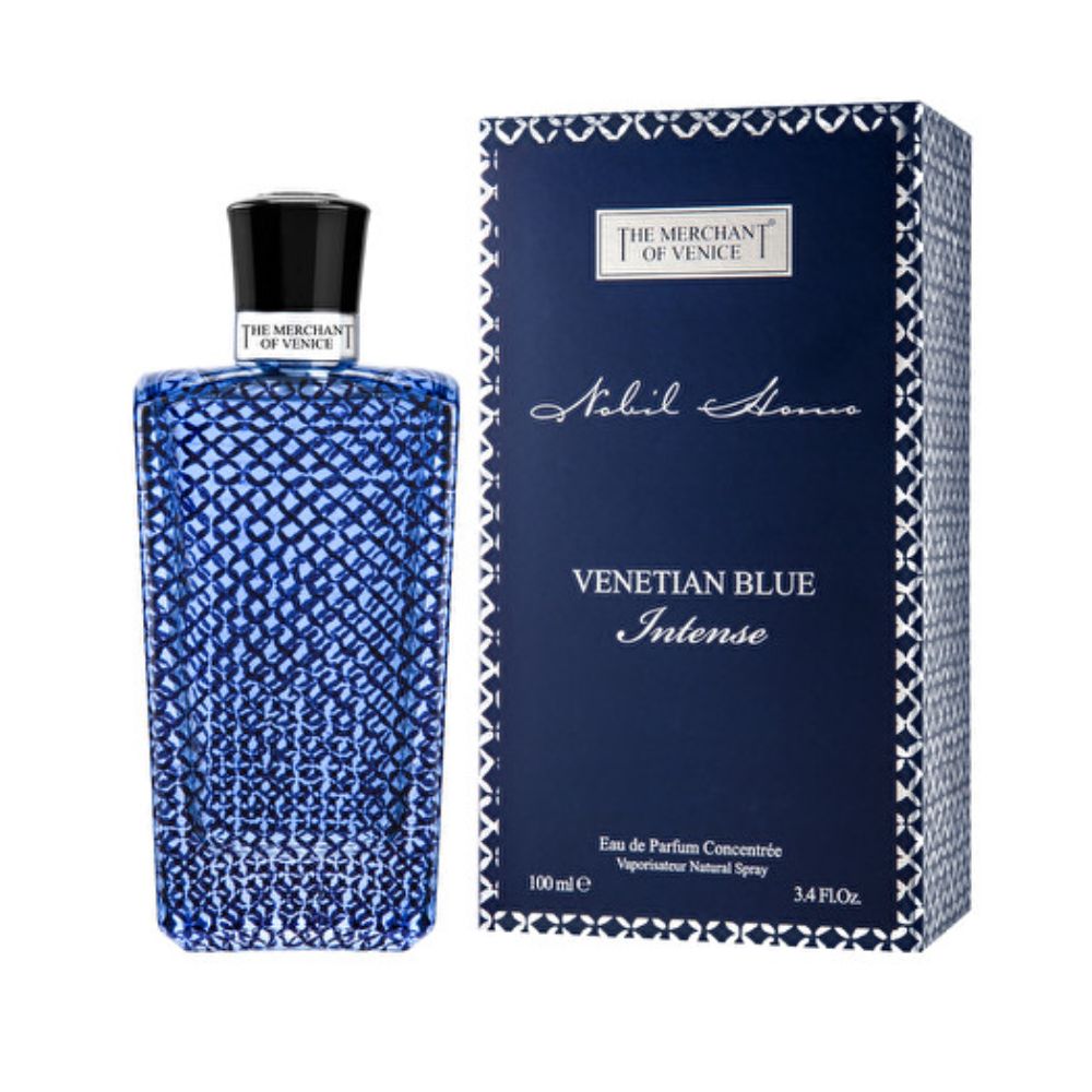 The Merchant of Venice Nobilhomo Venetian Blue Intense EDP 100ml luxury perfume bottle with blue patterned glass and box
