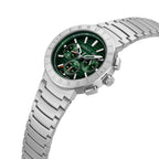 A high-angle studio photograph of the Cerruti 1881 Filiano watch, displaying the contour of the integrated steel link bracelet, side pushers, and the texturing on the dark green chronograph dial.